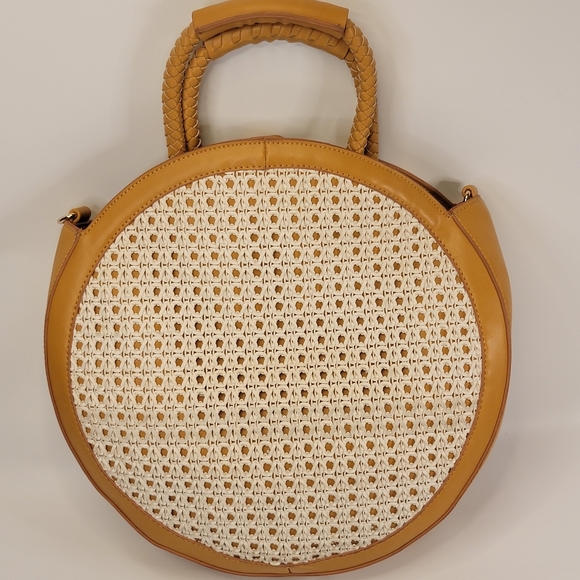 Sole Society Faux Camel Leather and Cream Rattan Circle Bag, EUC - Picture 2 of 7